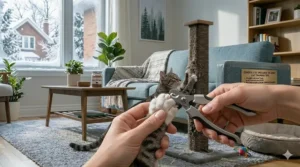 Step-by-step graphic showing how to safely trim a cat's nails to prevent damage to household upholstery.