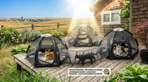 Illustration highlighting the UV-protected mesh of a cat tunnel enclosure under the bright Canadian prairie sun.