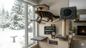 A Maine Coon walking on heavy-duty, wall-mounted climbing shelves with a bilingual digital load-capacity gauge.