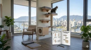 Space-saving wall-mounted modern cat tree furniture modules designed for modern urban apartments in Vancouver.