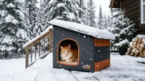 A photorealistic illustration of a waterproof heated cat house for winter protecting a cat from heavy Canadian snowfall.