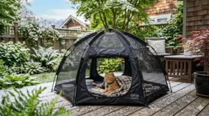 Illustration of a durable, mesh collapsible cat enclosure standing strong against a light Canadian spring snowfall.