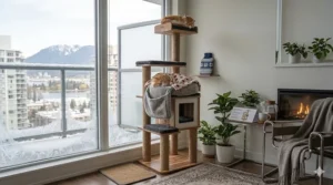 A plush, insulated cat tree apartment size perfect for keeping cats warm during Canadian winters.