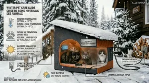 A bilingual Canadian winter pet care guide illustration highlighting temperature monitoring and safety for outdoor heated cat beds.
