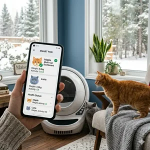 A sleek smart litter box app controlled device tucked into a compact Toronto-style condo bathroom.