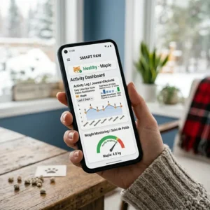 A smart litter box app controlled system paired with biodegradable litter, emphasizing sustainable pet care in Canada.
