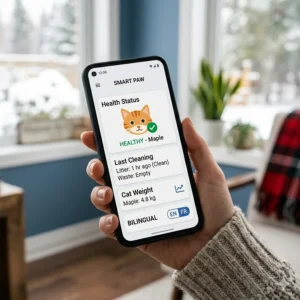 Close-up of a smartphone screen showing a smart litter box app controlled interface with health tracking metrics.