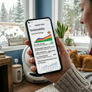 Illustration of a cat owner relaxing with tea while their smart litter box app controlled unit self-cleans during a Canadian winter storm.