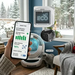 Illustration of two cats near an automated litter box, highlighting the smart litter box app controlled cat identification feature.