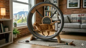 A space-saving silent cat wheel integrated into a stylish Montreal-style brick loft apartment, showing its suitability for urban Canadian condo living.