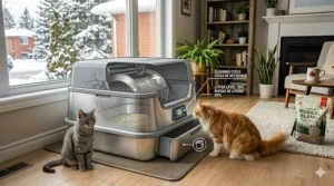 Illustration of an automatic self-cleaning extra large litter box designed to handle the capacity of multiple cats.