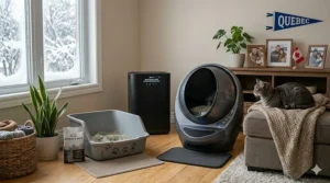 An automatic self-cleaning litter box saving time for a busy professional in a Toronto condo.