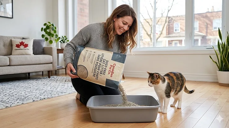 A Canadian cat owner pouring dust-free cat litter into a tray in a clean, sunlit Toronto apartment, showing zero dust clouds for better indoor air quality.