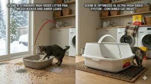 Comparison graphic of scattered litter versus a clean floor when using a high-sided litter box for messy cats.