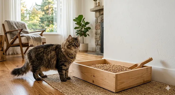 A fluffy cat standing next to a wooden litter box filled with natural biodegradable cat litter in a sunlit Vancouver-style living room.