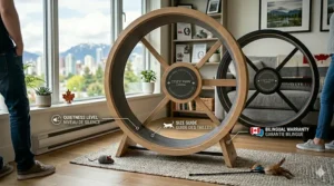 A showroom display of different wood-finish silent cat wheels with a bilingual size guide and warranty information for Canadian shoppers.