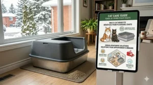 Infographic with English and French text explaining the benefits of an extra large litter box for multiple cats in urban apartments.