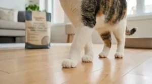 Premium dust-free cat litter packaging featuring bilingual English and French labeling for the Canadian market.