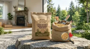 A 3D render of a cat litter bag with English and French text: Natural Biodegradable Cat Litter / Litière pour chat naturelle biodégradable.