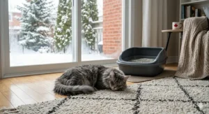 A detailed photorealistic close-up of a bag of clumping cat litter with bilingual English and French text, sitting on a light hardwood floor in a sunlit Canadian home.