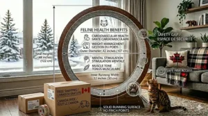 Illustration of a cat wheel package with Canadian flag and bilingual "Free Shipping / Livraison Gratuite" text.
