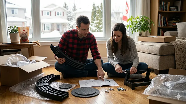Assembling a new cat wheel in a Canadian home; the first step in our cat exercise wheel training guide (guide d'entraînement pour roue d'exercice pour chat). cat exercise wheel training guidev