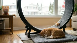 A happy, tired cat resting next to its wheel after a successful training session, highlighting the benefits of indoor activity.