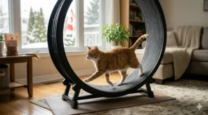 An active cat gaining confidence and increasing speed on an indoor exercise wheel during a winter workout session.