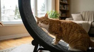 A curious cat sniffing and rubbing against an exercise wheel to become comfortable with the new equipment.