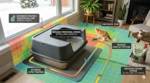 A diagram showing how an extra large litter box for multiple cats reduces territorial stress and tracking in a shared pet space.