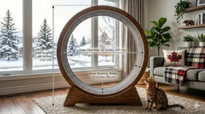 A scale illustration showing how a cat exercise wheel fits into a compact Toronto or Vancouver condo layout.