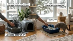 Comparison of cleaning ease between open and hooded litter boxes to prevent lingering pet odors.