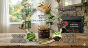A diagram showing the breakdown of biodegradable cat litter into garden-safe compost.