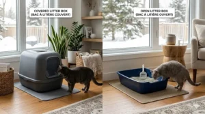 A comparison of a covered vs open litter box for odor control in a modern Canadian home, featuring a domestic shorthair cat.