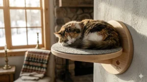 Cat wall shelves featuring warm grey felt padding, perfect for a cozy winter aesthetic in a Canadian cottage.
