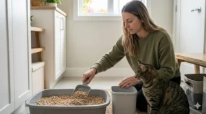 A woman performs a daily cleaning routine in her laundry room to eliminate litter box odor completely in a family home.