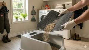Diagram showing a Canadian pet owner easily pouring trapped litter back into the box from a fold-open mat.