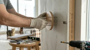 Illustration showing how to install cat wall shelves into standard 16-inch wall studs found in Canadian construction.