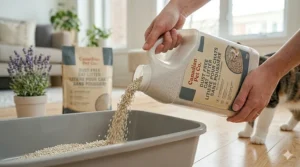 Ergonomic jug design allowing for a smooth pour of dust-free cat litter without creating airborne particles.