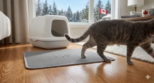 Close-up photorealistic illustration of a scoop lifting a firm, solid clump from high-quality gray clumping cat litter, demonstrating easy cleanup.