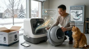 A person following a smartphone app setup guide to assemble a smart self-cleaning litter box in a cozy Canadian garage. Montage facile d'un bac à litière autonettoyant intelligent au Canada.