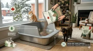 Illustration showing Canadian-sourced wood pellet litter being poured into an extra large litter box for multiple cats.