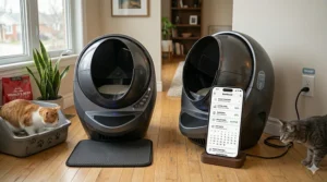Biodegradable Canadian-made litter being poured into a traditional manual litter pan.