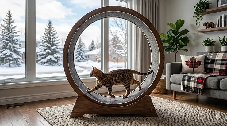 A ginger tabby using a Cozy Paw Canada silent cat wheel in a modern Vancouver apartment with mountain views, providing quiet indoor exercise for Canadian pet owners.