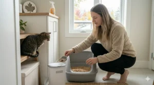 A homeowner enjoying a fresh-smelling room with a subtle bilingual sign on how to eliminate litter box odor completely.