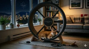 A relaxed ginger tabby sleeping peacefully on a rug next to a stationary silent cat wheel, promoting feline health and wellness in a Canadian home.