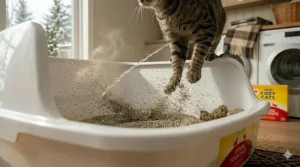 Illustration showing how high walls prevent leaks from cats that spray or aim high while using the litter pan.