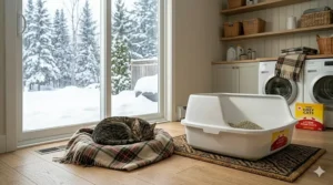 A cozy indoor scene showing a messy cat using a high-sided litter box near a radiator during a Canadian winter.