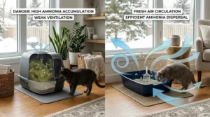 Illustration showing airflow differences between covered and open litter boxes to manage ammonia smells in indoor spaces.
