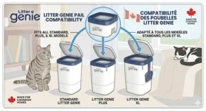 Infographic showing the refill fits standard, Plus, and XL Litter Genie models. Recharge compatible avec les modèles de poubelles Litter Genie standard, Plus et XL.